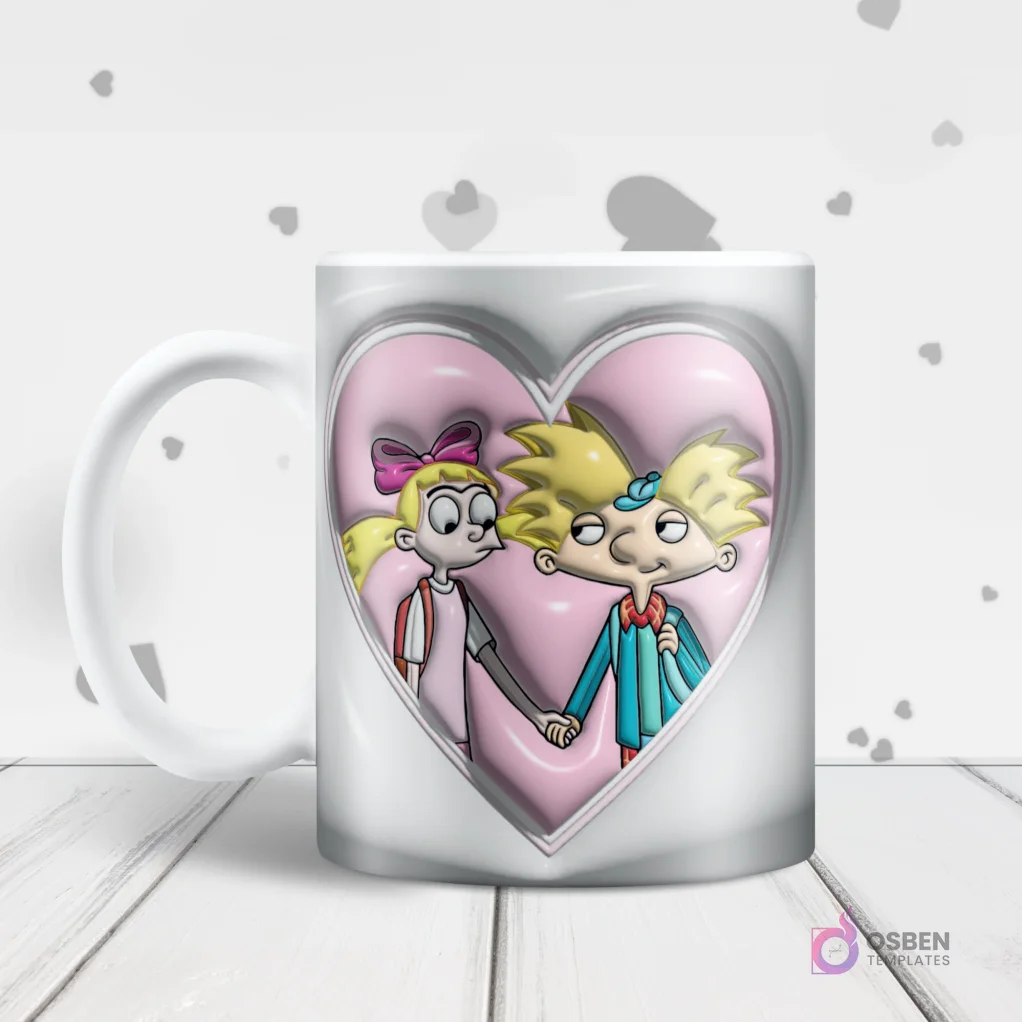 Mug blanco con diseño de sublimación 3D inflado de Hey Arnold y Helga tomados de la mano dentro de un corazón rosa.