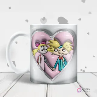Mug blanco con diseño de sublimación 3D inflado de Hey Arnold y Helga tomados de la mano dentro de un corazón rosa.