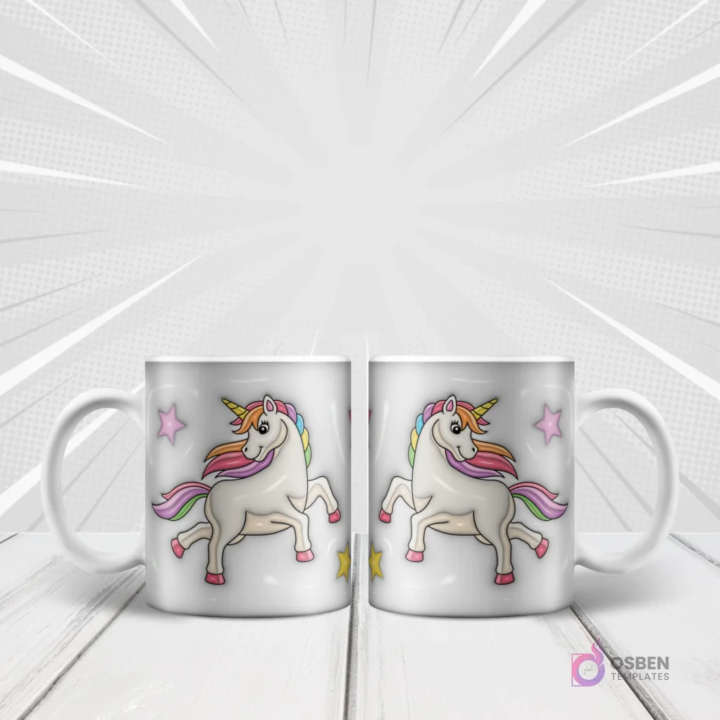 Dos mugs blancos mostrando un diseño de sublimación de un unicornio blanco con crin y cola de arcoíris, rodeado de estrellas coloridas.