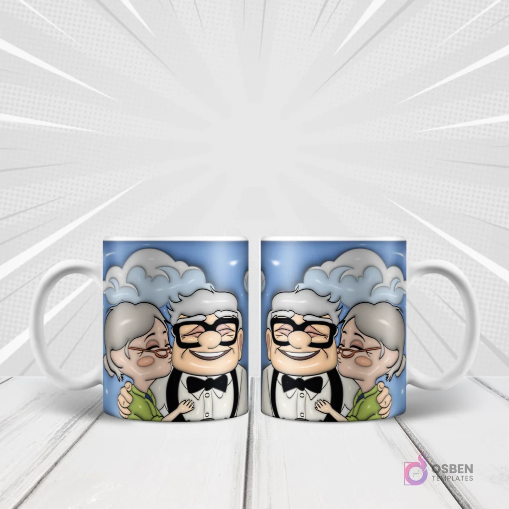 Dos mugs blancos con diseño de sublimación de Carl y Ellie (Up, versiones mayores) en un fondo de cielo azul con nubes, ella besándolo.