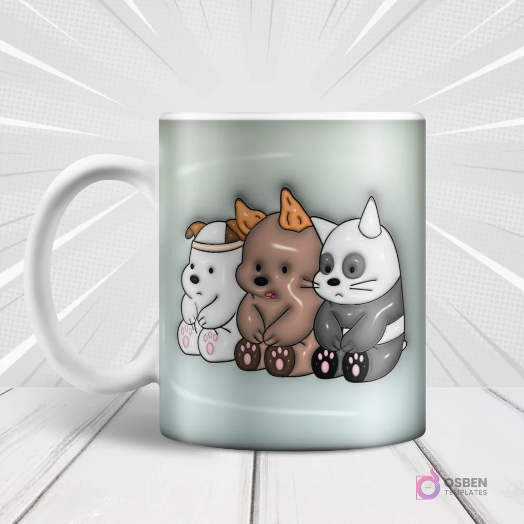 Mug blanco con diseño de sublimación de los tres osos de We Bare Bears sentados uno junto al otro: Pardo, Panda y Polar.