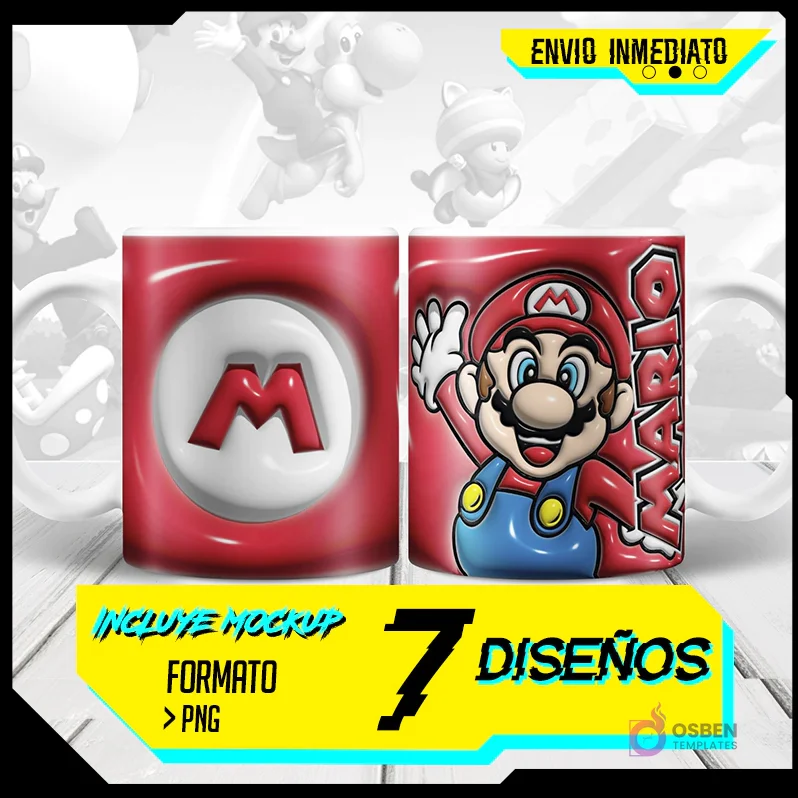 Muestra de taza sublimada con diseño 3D inflado de Super Mario Bros y logo 'M'. Incluye texto 'ENVIO INMEDIATO', 'INCLUYE MOCKUP', '7 DISEÑOS', 'FORMATO > PNG'.