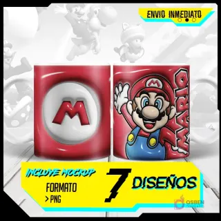 Muestra de taza sublimada con diseño 3D inflado de Super Mario Bros y logo 'M'. Incluye texto 'ENVIO INMEDIATO', 'INCLUYE MOCKUP', '7 DISEÑOS', 'FORMATO > PNG'.