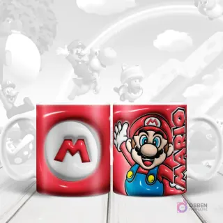 Taza sublimada con diseño 3D inflado del personaje Super Mario de Nintendo y su inicial 'M' en el reverso.
