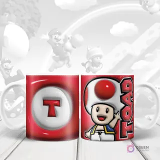 Taza sublimada con diseño 3D inflado del personaje Toad de Super Mario y su inicial 'T' en el reverso.