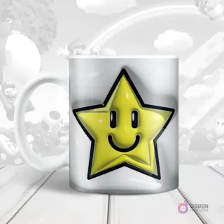 Taza sublimada con diseño 3D inflado de la estrella de poder (Super Star) de Super Mario con una cara sonriente.