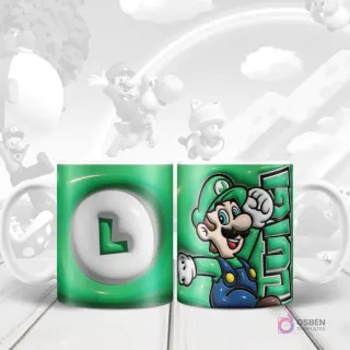Taza sublimada con diseño 3D inflado del personaje Luigi de Super Mario y su inicial 'L' en el reverso.