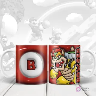Taza sublimada con diseño 3D inflado del villano Bowser de Super Mario y su inicial 'B' en el reverso.