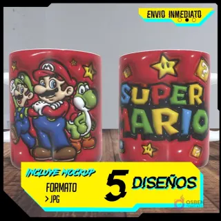 Taza sublimada roja con efecto 3D de Mario, Luigi y Yoshi en un lado, y el logo "SUPER MARIO" con estrellas y bloques de interrogación en el otro. La imagen superpone texto "ENVIO INMEDIATO", "INCLUYE MOCKUP", "FORMATO > JPG" y "5 DISEÑOS".