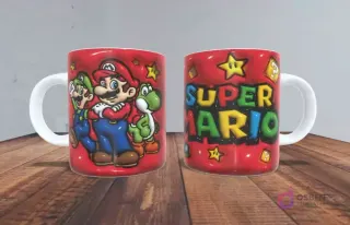 Taza sublimada roja con efecto 3D de Mario, Luigi y Yoshi sonriendo en un lado, y el logo "SUPER MARIO" con estrellas y bloques de interrogación flotando en el otro.