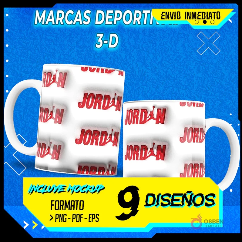 Dos tazas sublimadas con el logo Jordan rojo en relieve 3D sobre fondo blanco. Plantilla para sublimación de marcas deportivas.