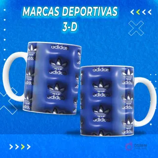 Dos tazas sublimadas con el logo Adidas azul en relieve 3D sobre fondo azul oscuro. Plantilla para sublimación de tazas.