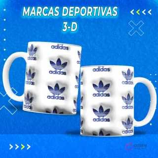 Dos tazas sublimadas con el logo Adidas azul oscuro en relieve 3D sobre fondo blanco. Plantilla de sublimación de tazas deportivas.
