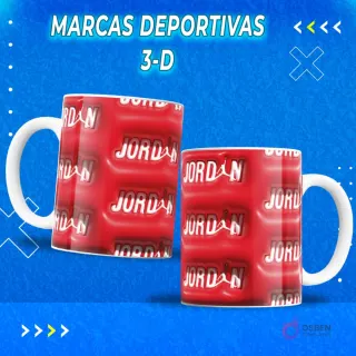 Dos tazas sublimadas con el logo Jordan blanco en relieve 3D sobre fondo rojo vibrante. Plantilla para sublimación de tazas.
