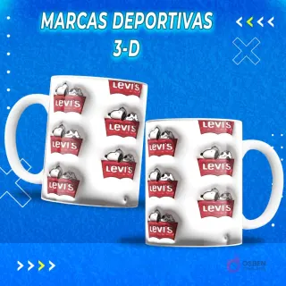 Dos tazas sublimadas con el logo Levi's rojo y Snoopy en relieve 3D sobre fondo blanco. Plantilla de sublimación de marcas.