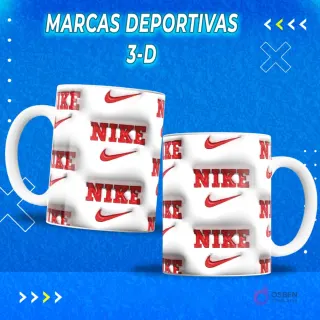 Dos tazas sublimadas con el logo Nike rojo en relieve 3D sobre fondo blanco. Plantilla para sublimación de tazas deportivas.