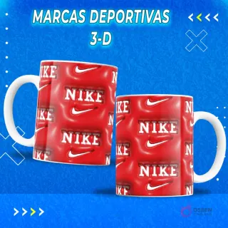Dos tazas sublimadas con el logo Nike blanco en relieve 3D sobre fondo rojo intenso. Plantilla de sublimación para tazas.
