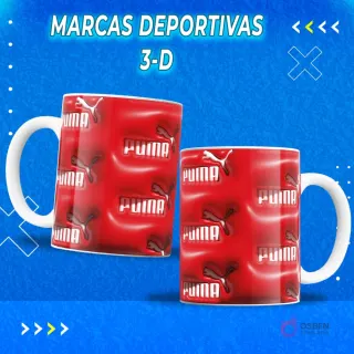 Dos tazas sublimadas con el logo Puma negro en relieve 3D sobre fondo rojo vibrante. Plantilla para sublimación de tazas deportivas.