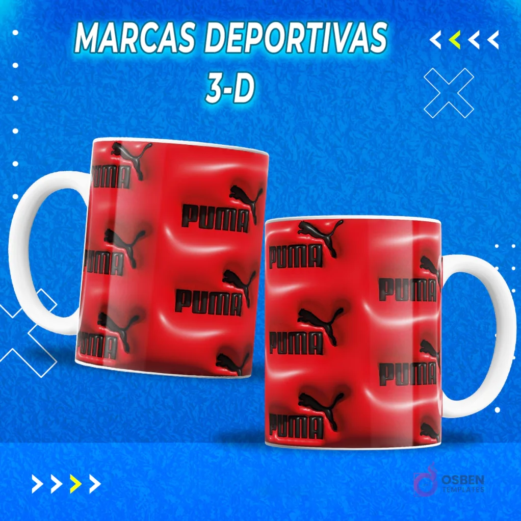 Dos tazas sublimadas con el logo Puma blanco en relieve 3D sobre fondo rojo vibrante. Plantilla para sublimación de tazas.
