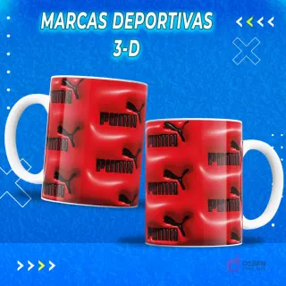Dos tazas sublimadas con el logo Puma blanco en relieve 3D sobre fondo rojo vibrante. Plantilla para sublimación de tazas.