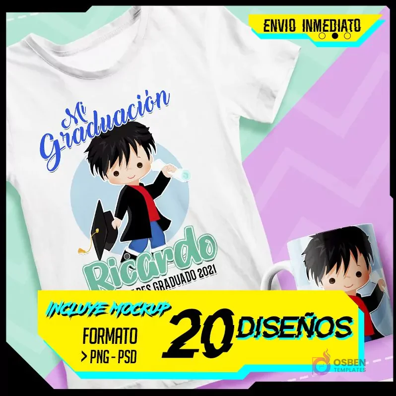 Diseño de sublimación para graduación en polera y taza con personaje masculino de cabello oscuro y gorro, texto 'Mi Graduación Ricardo Felicidades Graduado 2021', incluyendo rótulos de 'ENVIO INMEDIATO', 'INCLUYE MOCKUP', 'FORMATO PNG - PSD', '20 DISEÑOS'.