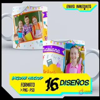 Muestra promocional de dos tazas de sublimación para graduación de primaria y kinder con diseños coloridos. Una taza muestra a tres niños sonrientes en un marco de pizarra con estrellas, la otra a una niña feliz junto a la palabra 'Mariana' y 'Felicitaciones Egresados'. Se ven elementos como 'ENVIO INMEDIATO', 'INCLUYE MOCKUP', '16 DISEÑOS' y 'FORMATO PNG - PSD'.