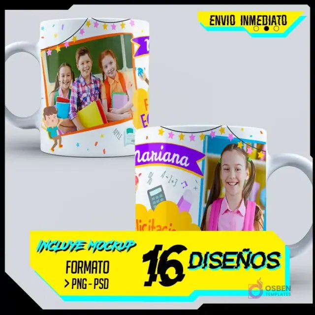 Muestra promocional de dos tazas de sublimación para graduación de primaria y kinder con diseños coloridos. Una taza muestra a tres niños sonrientes en un marco de pizarra con estrellas, la otra a una niña feliz junto a la palabra 'Mariana' y 'Felicitaciones Egresados'. Se ven elementos como 'ENVIO INMEDIATO', 'INCLUYE MOCKUP', '16 DISEÑOS' y 'FORMATO PNG - PSD'.