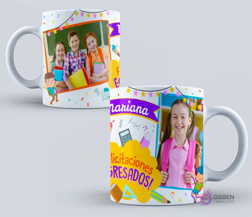 Dos tazas de graduación infantiles. Una con tres niños sonriendo en un marco escolar y otra con una niña con mochila rosa y la inscripción 'Felicitaciones Egresados' sobre fondo alegre con símbolos escolares.