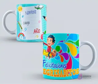 Dos tazas con diseño de graduación infantil. Una muestra un cuaderno con 'Nombre', 'Colegio', 'Año' en un marco de arcoíris, la otra el mismo niño animado volando sobre un lápiz con la frase 'Felicitaciones Egresaditos'.