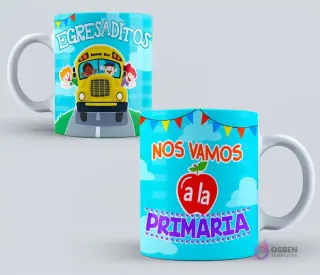 Dos tazas de graduación infantiles. Una con un bus escolar y niños asomándose, con la frase 'Egresaditos'. La otra con una manzana roja y el texto 'Nos Vamos a la Primaria' en un cielo azul claro.