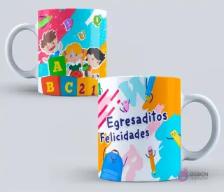 Dos tazas de sublimación con diseño alegre y colorido. Una con niños animados y bloques de letras ABC y números. La otra con la frase 'Egresaditos Felicidades' y elementos escolares como mochila y lápices animados.