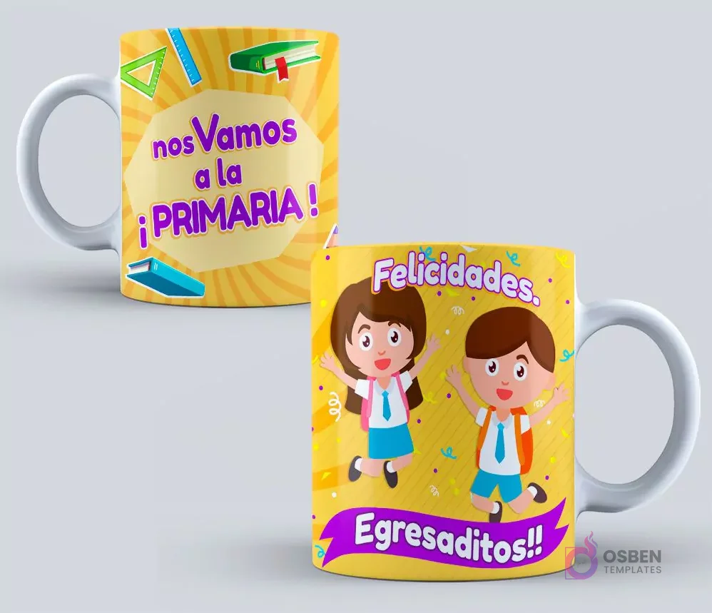 Dos tazas de graduación infantil con fondo amarillo de rayos solares. Una con la frase 'Nos Vamos a la Primaria!' y libros flotando. La otra con un niño y una niña animados saltando y la frase 'Felicitaciones Egresaditos!!'.