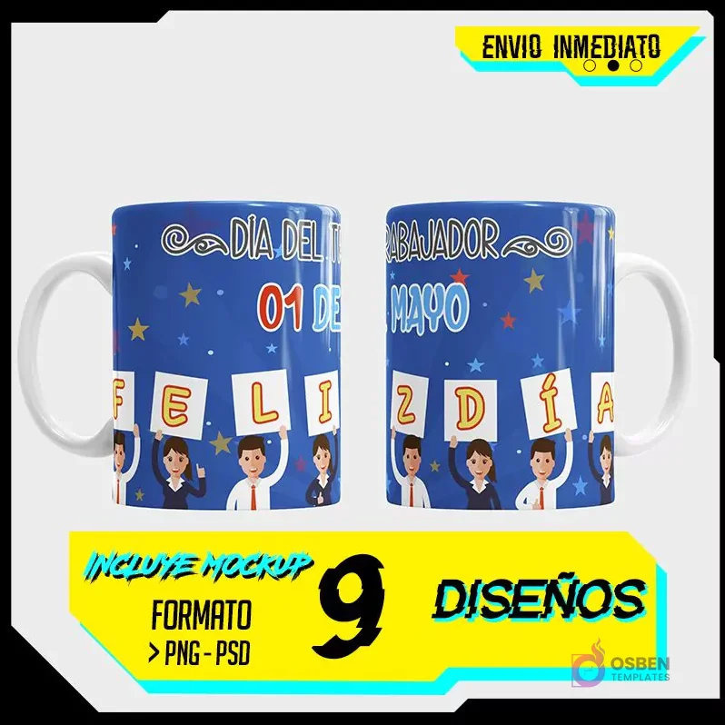 Plantilla de taza Día del Trabajador con diseño 'Feliz Día' sobre fondo azul estrellado