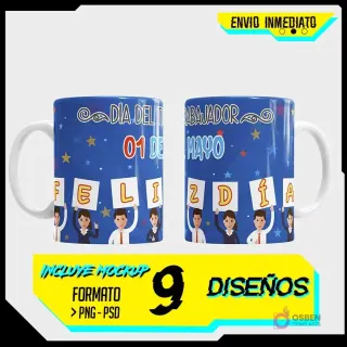 Plantilla de taza Día del Trabajador con diseño 'Feliz Día' sobre fondo azul estrellado