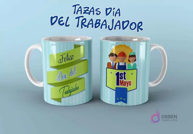 Diseño de taza del Día del Trabajador con cinta 'Feliz Día' y escudo con '1er Mayo' y avatares de profesionales.