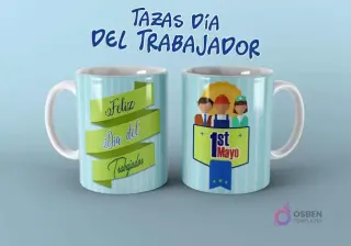 Diseño de taza del Día del Trabajador con cinta 'Feliz Día' y escudo con '1er Mayo' y avatares de profesionales.