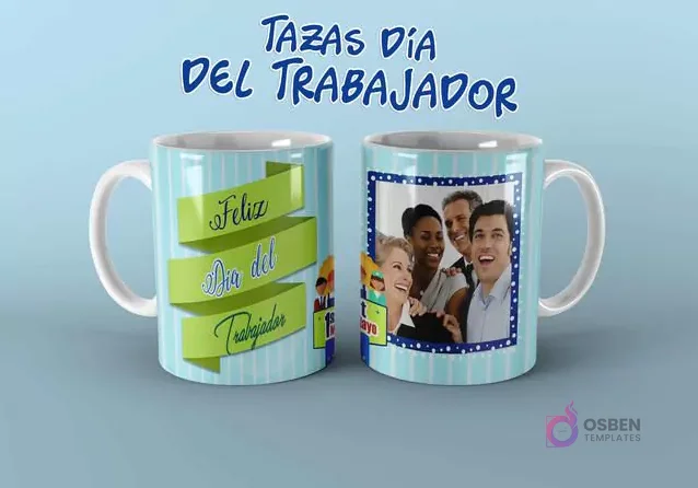 Diseño de taza personalizable para el Día del Trabajador con espacio para foto de equipo y mensaje 'Feliz Día'.