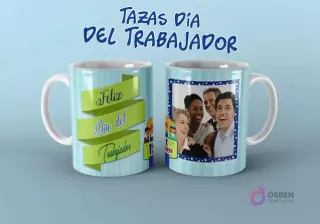 Diseño de taza personalizable para el Día del Trabajador con espacio para foto de equipo y mensaje 'Feliz Día'.