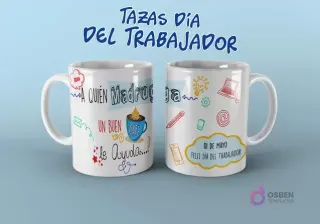 Plantilla de taza Día del Trabajador con diseño 'A quien madruga, un buen café le ayuda' y doodles de oficina.
