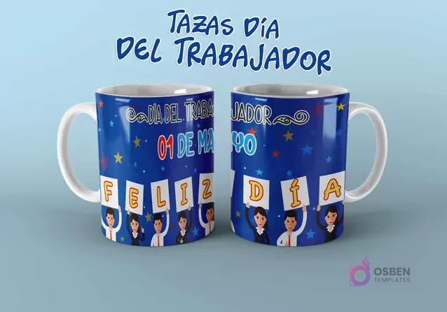 Diseño de taza Día del Trabajador con figuras animadas sosteniendo 'Feliz Día 01 de Mayo' sobre fondo azul estrellado.
