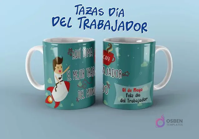 Diseño de taza del Día del Trabajador con 'Aquí toma el mejor trabajador del mundo' y personaje en cohete.