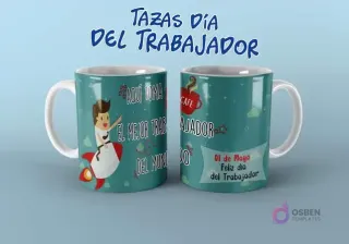Diseño de taza del Día del Trabajador con 'Aquí toma el mejor trabajador del mundo' y personaje en cohete.