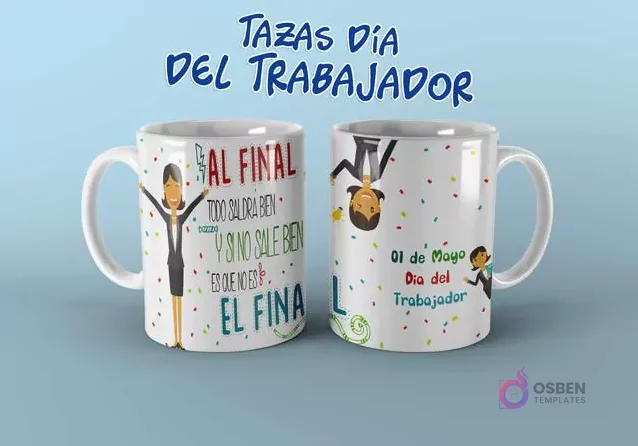 Plantilla de taza Día del Trabajador con mensaje motivacional 'Al final todo saldrá bien' y mujer profesional.