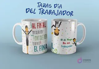 Plantilla de taza Día del Trabajador con mensaje motivacional 'Al final todo saldrá bien' y mujer profesional.