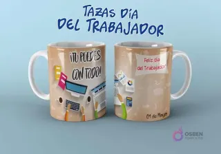 Plantilla de taza Día del Trabajador con mensaje '¡Tú puedes con todo!' y elementos de oficina.