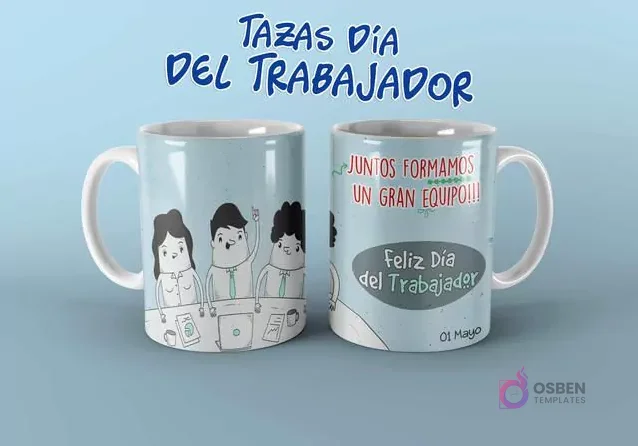 Diseño de taza Día del Trabajador con 'Juntos formamos un gran equipo' y caricaturas de colegas.