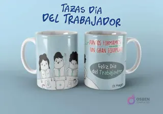 Diseño de taza Día del Trabajador con 'Juntos formamos un gran equipo' y caricaturas de colegas.