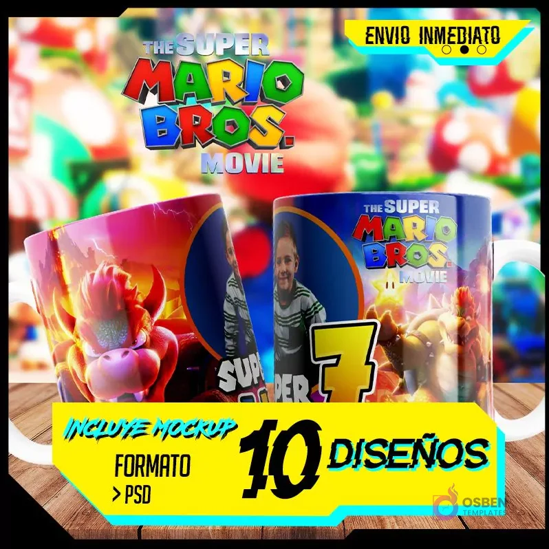 Portada de pack de 10 diseños para sublimar tazas de Super Mario Bros La Película, formato PSD con mockups, envío inmediato.