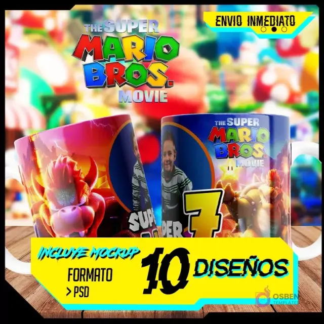Portada de pack de 10 diseños para sublimar tazas de Super Mario Bros La Película, formato PSD con mockups, envío inmediato.