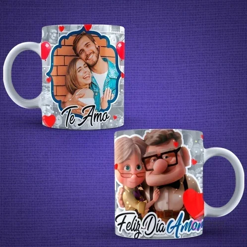 Tazas de sublimación Día del Amor con foto de pareja real 'Te Amo' y diseño de Carl y Ellie de Up 'Feliz Día Amor'.